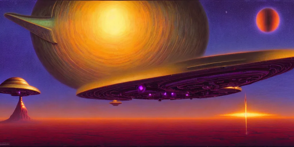 Prompt: cinematic view of a retro scifi ufo, desaturated, psychedelic, tim hildebrandt, wayne barlowe, bruce pennington, donato giancola, larry elmore, oil on canvas, masterpiece, trending on artstation, featured on pixiv, cinematic composition, dramatic, beautiful lighting, sharp, details, hyper - detailed, hd, hdr, 4 k, 8 k