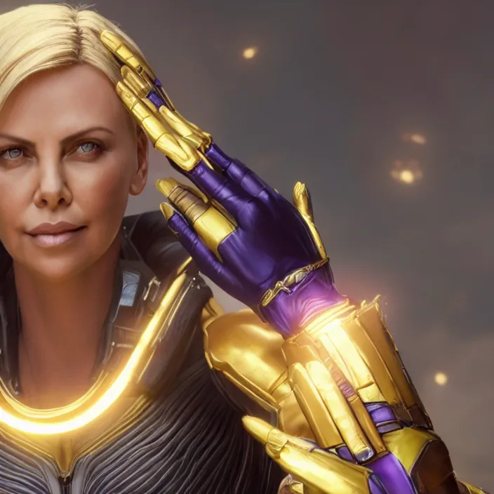 Image similar to portrait of ((Charlize Theron)), wearing The Infinity GAUNTLET. THANOS SNAP. intricate artwork. octane render, trending on artstation, very coherent symmetrical artwork. avengers. thanos. cinematic, hyper realism, high detail, octane render, 8k, iridescent accents