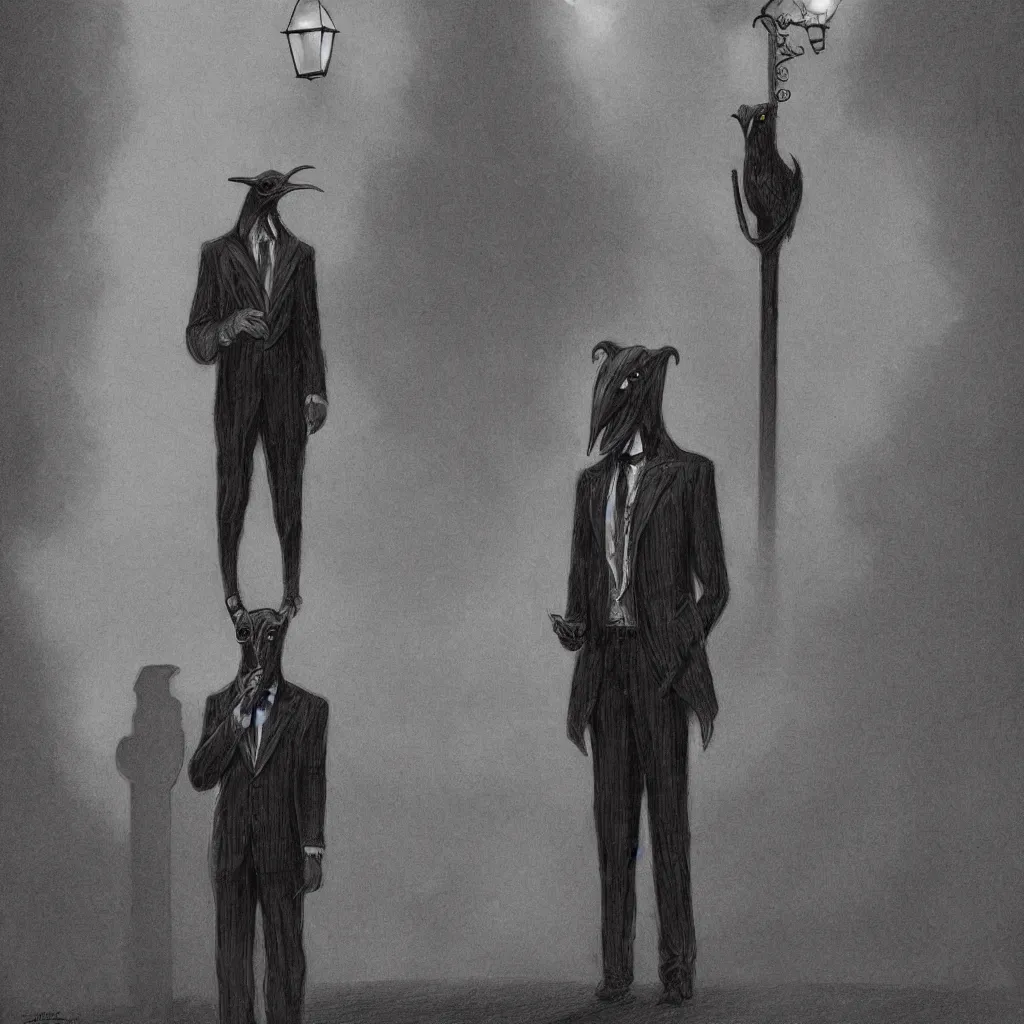 Image similar to a highly detailed portrait of a man wearing a suit and a raven mask standing in the middle of a street illuminated by a lone street lamp, by gerald brom, cinematic lighting, detailed drawing