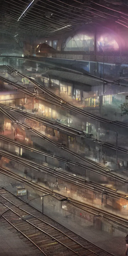 Image similar to !Train station!, equirectangular projection grid of a futuristic bladerunner, trains, cyberpunk, train station in the rain at night, volumetric lighting, 4K, Spherical, Panorama, RealityEngine, PhotoRender, hyperdetailed, cinematic