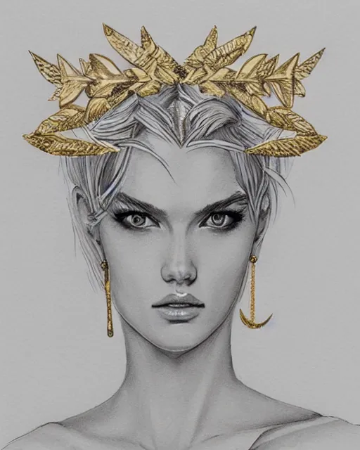 Image similar to tattoo design sketch of cute beautiful blonde super model as aphrodite greek goddess wearing a gold laurel wreath and triangle earrings, beautiful piercing gaze with sharp pupils, in the style of greg rutkowski, fantasy, amazing detail, epic, elegant, smooth, sharp focus, front view