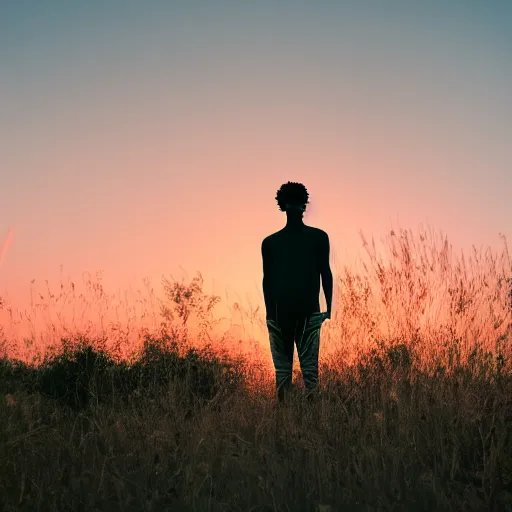 Image similar to dark skin man with curly hair, standing alone in nature, sunset, backlit, contemplative, dreamy, pastel colors, youthful, fairylike