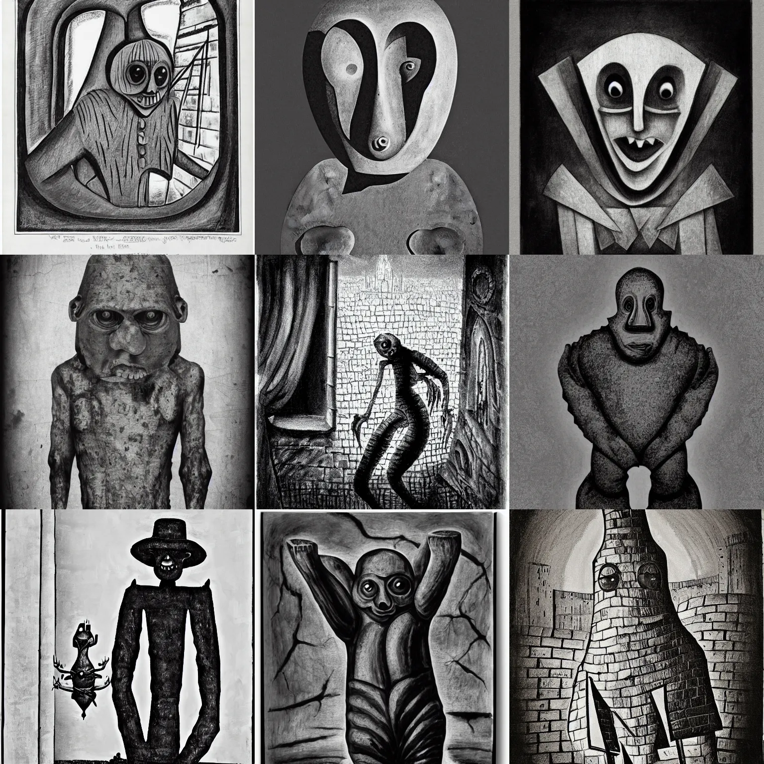 Image similar to black and white dada artwork of the scary golem from prague