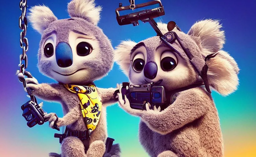 Image similar to “ one cute koala with very big eyes, wearing a bandana and chain, holding a laser gun, standing on a desk, digital art, award winning, in the style of the movie zootopia ”