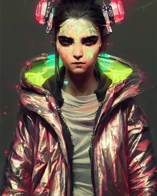 Prompt: detailed portrait Neon fighter Girl, cyberpunk futuristic neon, reflective puffy coat, decorated with traditional Japanese ornaments by Ismail inceoglu dragan bibin hans thoma greg rutkowski Alexandros Pyromallis Nekro Rene Maritte Illustrated, Perfect face, fine details, realistic shaded, fine-face, pretty face