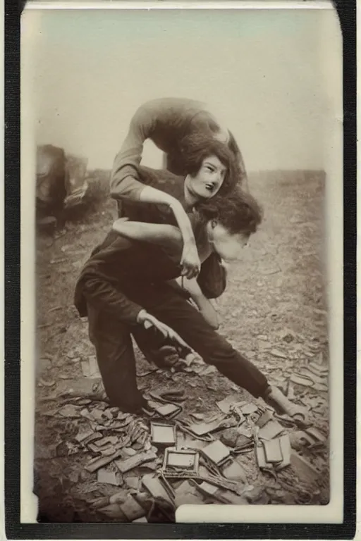 Image similar to man breaking into pieces while a woman tries to hold the fallen parts, surreal, 1 9 1 0 polaroid photo