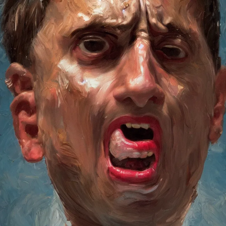 Image similar to warmly lit close up studio portrait of young angry!! screaming Steve Carell age 23 furious!, impasto oil painting thick brushstrokes by Lucian Freud and Cy Twombly and Tim Hawkinson , trending on artstation dramatic lighting Expressionism