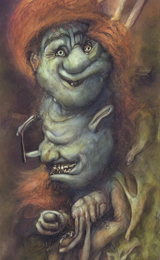 Image similar to mischievous troll man, by brian froud, stars, muted colors, oil on canvas, oil panting