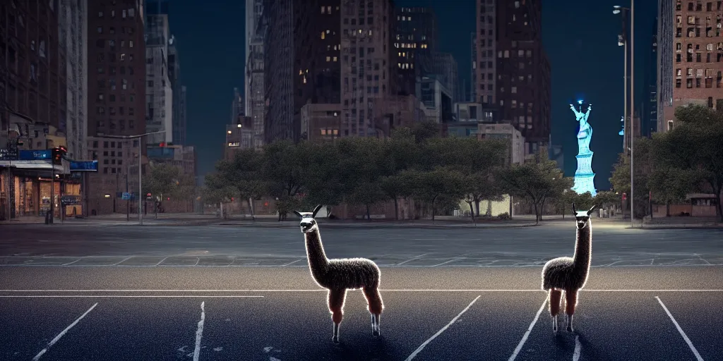 Image similar to a llama walking through a desolate manhattan city street at night, statue of liberty seen in the background, realistic 4 k octane beautifully detailed render, 4 k post - processing, highly detailed, detailed face, intricate complexity, epic composition, magical atmosphere, cinematic lighting, masterpiece, color picture, ultra hd