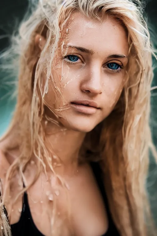 Image similar to head shot photo of a blonde female model in her twenties, hair wet, wearing a designer top, looking content, photo realistic, extreme detail skin, natural beauty, no filter, slr, golden hour, 4 k, high definition, selfie