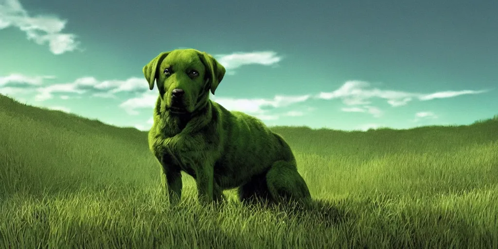 Prompt: hyperrealist, graphic novel illustration of a bulky green alien labrador retriever with shaggy green fur with green dye in deep grass on a hill, pulp 7 0's sci - fi vibes, 9 0's hannah barbara fantasy animation, cinematic, movie still, studio ghibli masterpiece