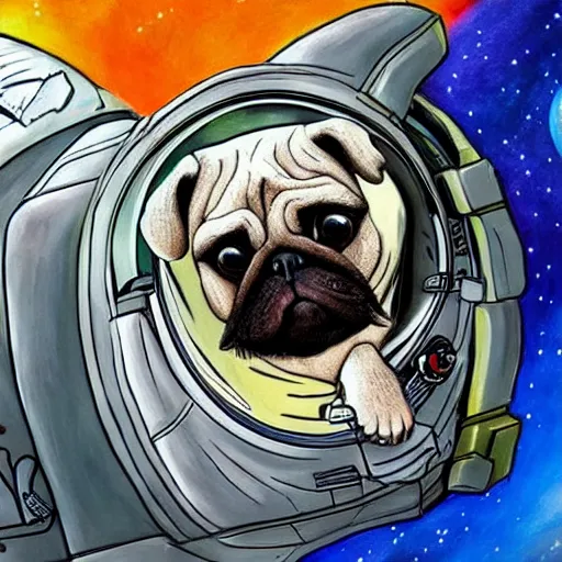 Image similar to hyper realistic, highly detailed, astronaut pug in space.