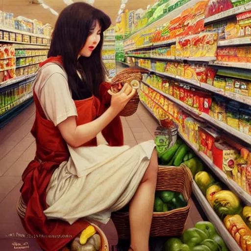 Image similar to buying groceries, by wlop, artgerm, elvgren, mucha