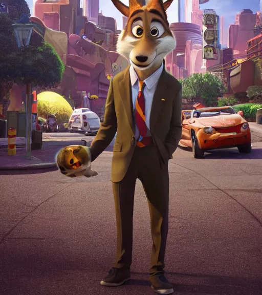Prompt: promotional poster a film still from zootopia main character portrait anthro anthropomorphic wolf security guard head animal person fursona wearing suit and tie pixar disney dreamworks animation sharp rendered in unreal engine 5 octane key art by greg rutkowski bloom dramatic lighting modeling expert masterpiece render