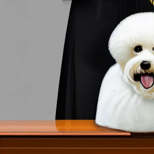 Image similar to a closeup photorealistic illustration of a smiling bichon frise judge wearing a black gown at the bench and commanding the courthouse. this 4 k hd image is trending on artstation, featured on behance, well - rendered, extra crisp, features intricate detail and the style of unreal engine.