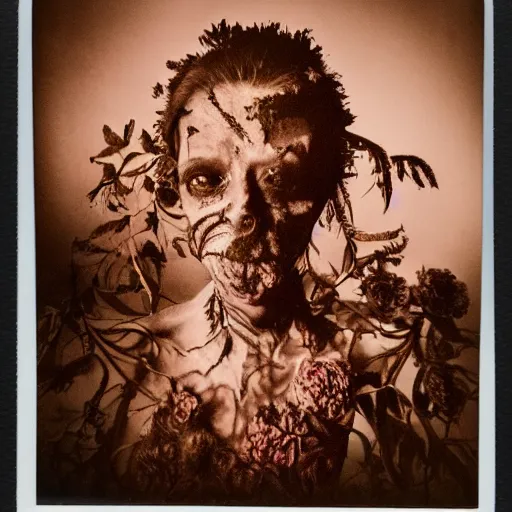 Image similar to a beautiful detailed front view portrait of a rotten woman corpse with fractal plants and fractal flowers growing around, volumetric light, beautiful lit, polaroid photography