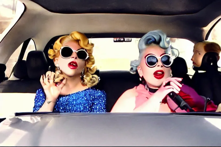 Image similar to carpool karaoke screenshot of lady gaga and judy garland, highly realistic, highly detailed, high resolution, 8 k 4 k,