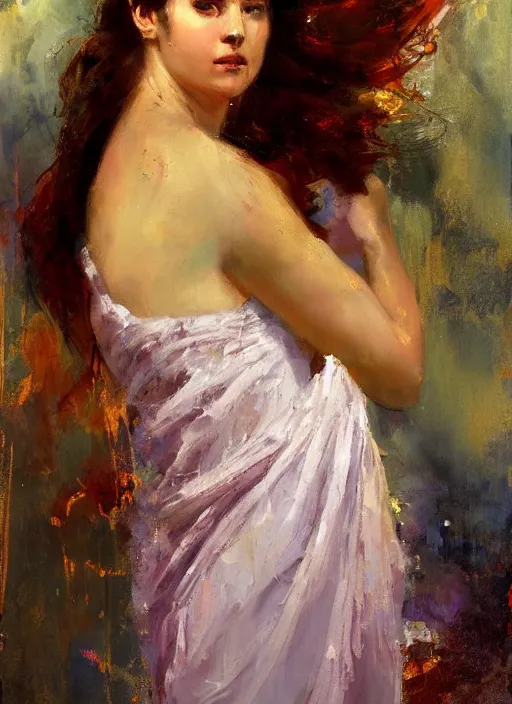 Prompt: painting of Aphrodite wearing a light purple sash over her shoulder, looking askance with a gentle sparkle in her eyes, by Jeremy Mann, detailed, stylized, loose brush strokes, bold colors, warm tones