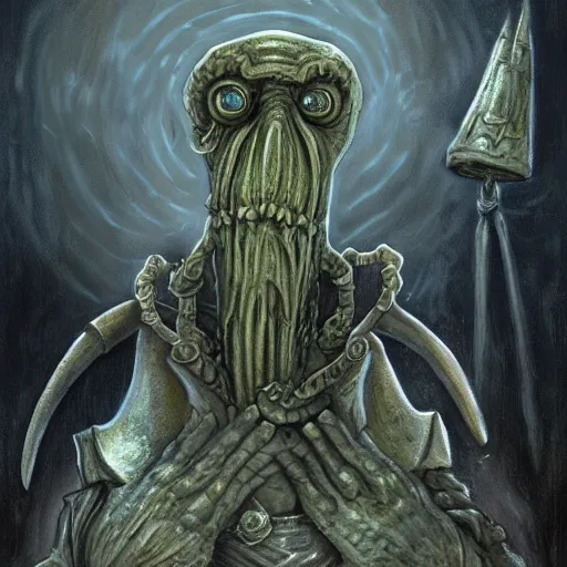 Prompt: squidward as a dark souls boss by H.R. Giger