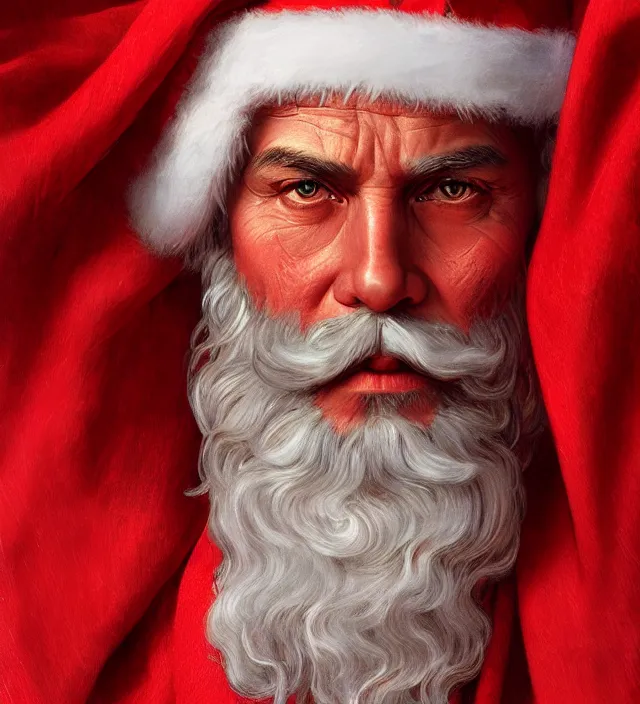 Prompt: portrait of a santa wearing a traditional red cloth, close up, intricate, highly detailed, digital painting, artstation, concept art, sharp focus, cinematic lighting, illustration, art by artgerm and greg rutkowski, alphonse mucha, cgsociety