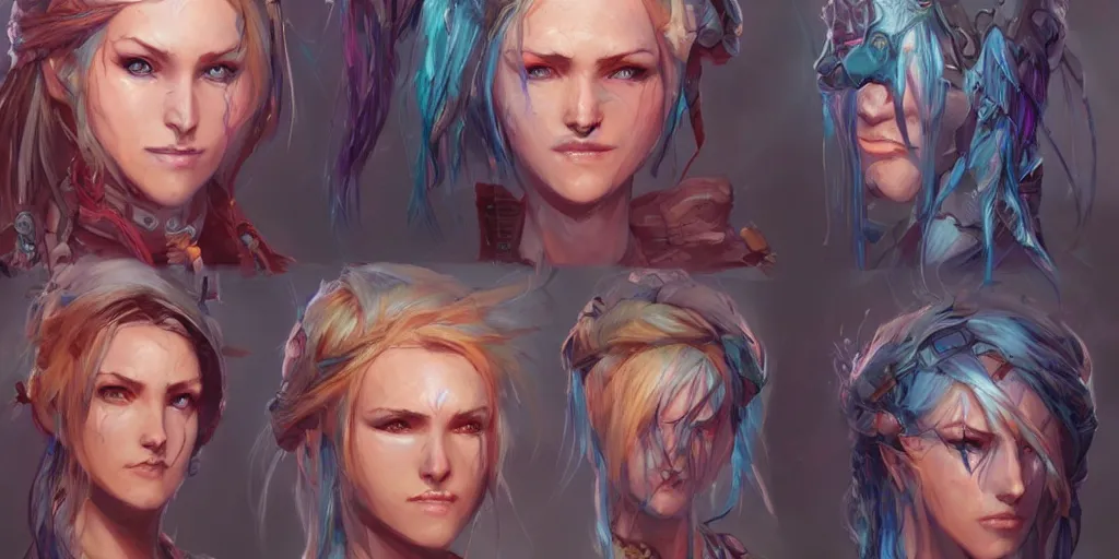 Image similar to concept art of rugged irish female netrunner d & d video game characters head designs, unique hair designs, by marc brunet and artgerm