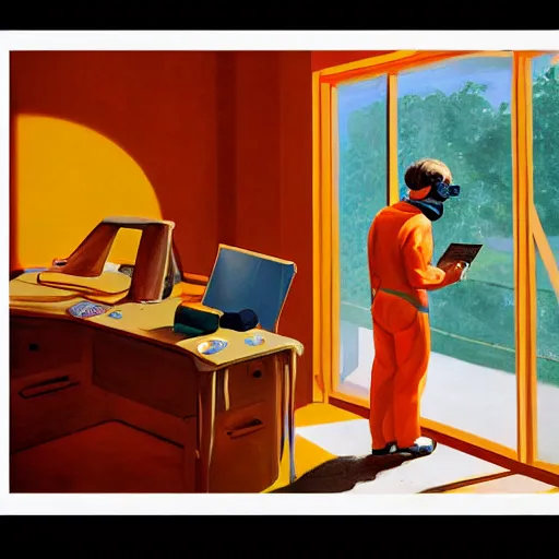 Prompt: A fine art painting of a man wearing Vr goggles dressed in orange overalls and creating the metaverse at a desk with screens, view through a window on a British street. In the style of Edward Hopper and Wes Anderson