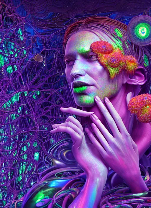 Prompt: hyper detailed 3d render like a Oil painting - Aurora (cyberpunk oil rainbow faced Singer) seen Eating of the Strangling network of yellowcake aerochrome and milky Fruit and Her delicate Hands hold of gossamer polyp blossoms bring iridescent fungal flowers whose spores black out the foolish stars by Jacek Yerka, Mariusz Lewandowski, Houdini algorithmic generative render, Abstract brush strokes, Masterpiece, Edward Hopper and James Gilleard, Zdzislaw Beksinski, Mark Ryden, Wolfgang Lettl, hints of Yayoi Kasuma, octane render, 8k