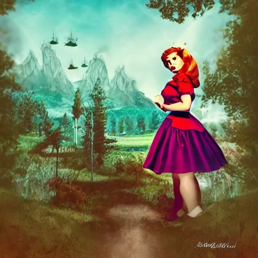 Image similar to a giant alice in wonderland, pin up, houses, trees, mountains, woman, city, digital art, photo