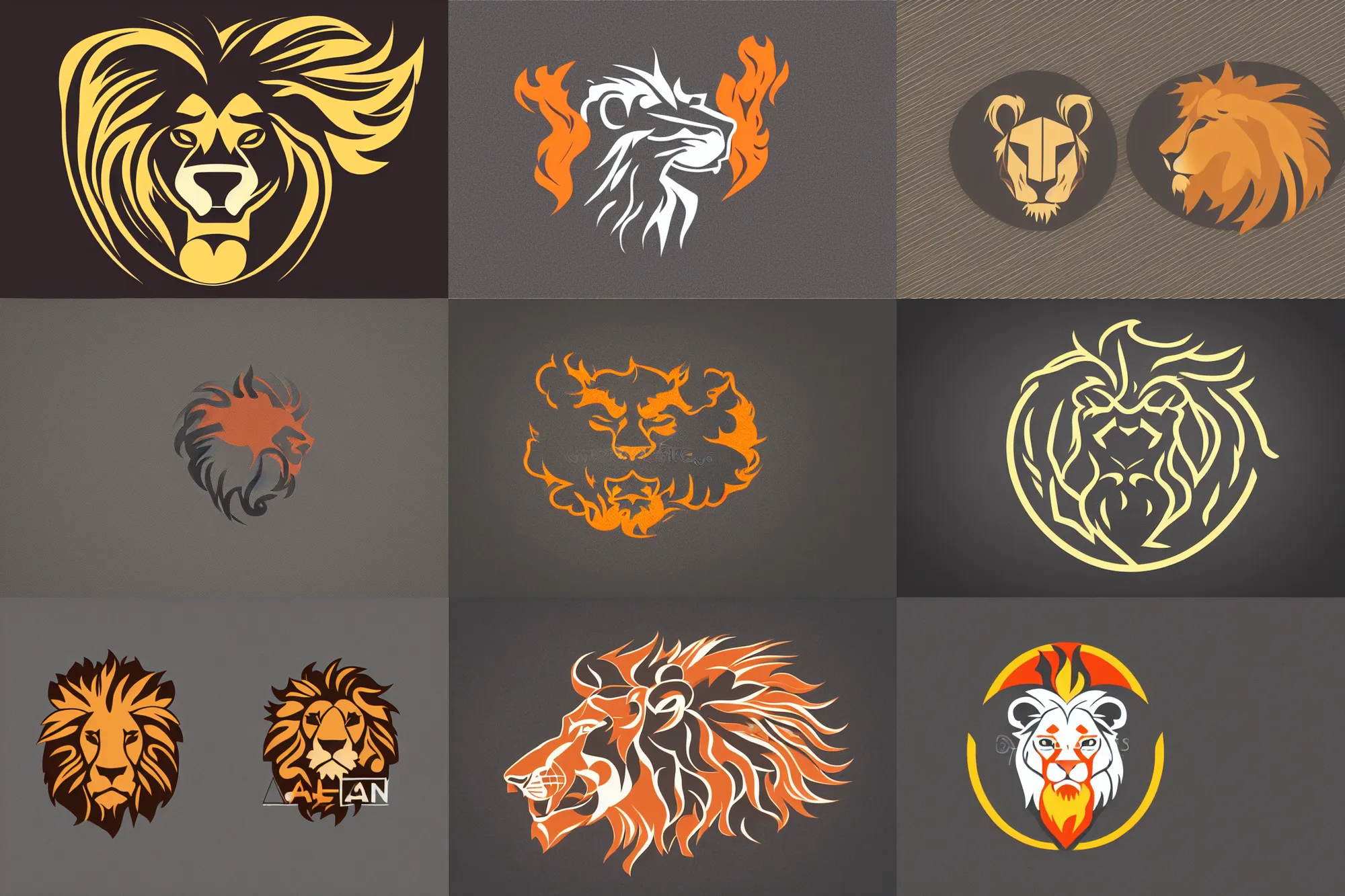 Prompt: a simple shape company logo of an abstract lion head with fire mane. dark anthracite background, warm color gradient, modern simplified vector art, no text