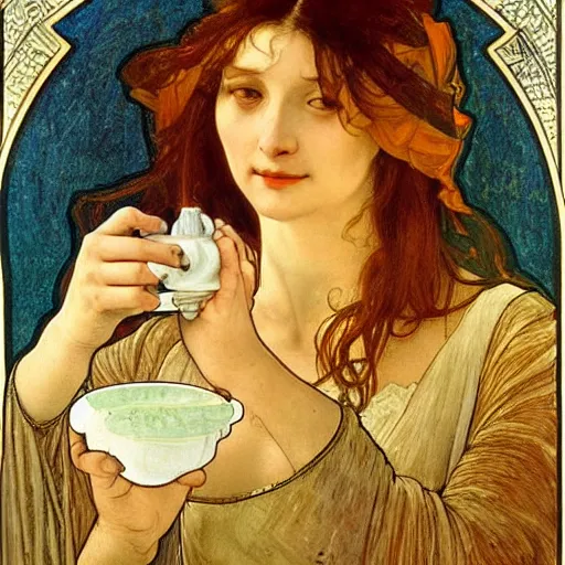 Image similar to a beautiful arrogant surreal greek lady drinking tea looking disdained, rennaisance painting, by leonardo da vinci and alphonse mucha
