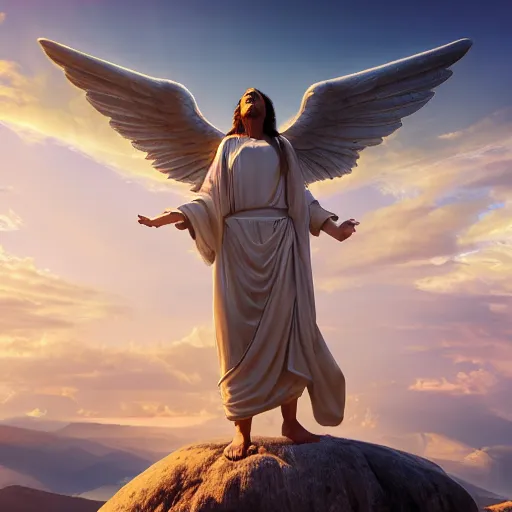 Image similar to gigantic biblical depiction of an angel towering over a vast landscape, cinematic, realistic, geometric white marble body, photorealistic, detailed, gold sky, global illumination, volumetric lighting, 8 k, god rays, beautiful, majestic clouds, soft colors, heavenly lighting