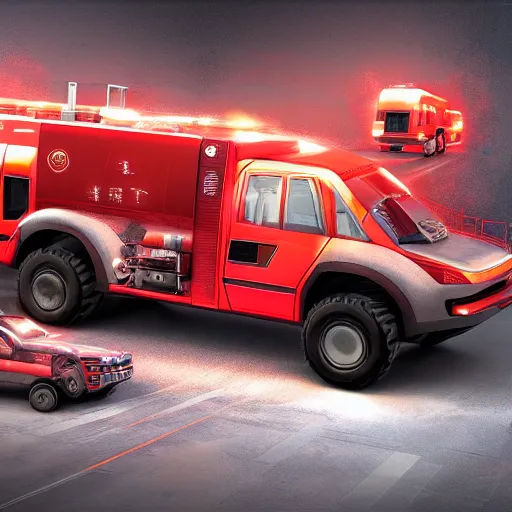 Image similar to future dystopian commercial firetruck, concept art, trending on artstation