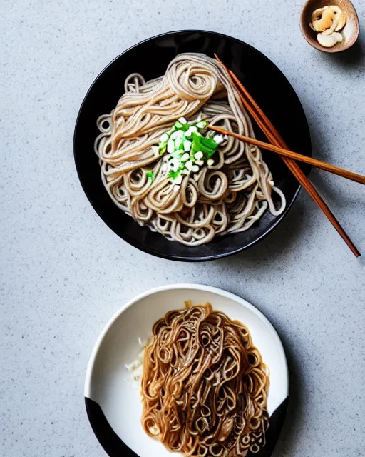 Prompt: realistic photo of delicious miso soba, champignon, bowl, glass, white kitchen table, cloth, marble, highly detailed, by louise lister, sara ali, mary devinat, kailee mandel, masterpiece, award winning, elegant, instagram, food photography
