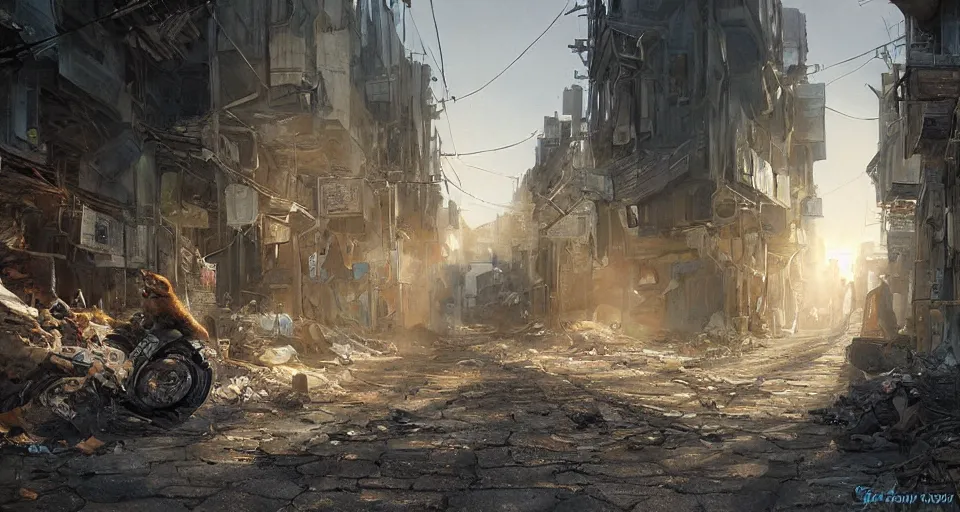 Prompt: craig mullins and ghibli digital art of in a sunset alley, this half - human, half - cat monster stares at you, hiding its body in the shadow of a pile of debris. american city, street, 1 9 2 0 unreal engine, hyper realism, realistic shading, cinematic composition, realistic render, octane render, detailed textures, photorealistic, wide shot