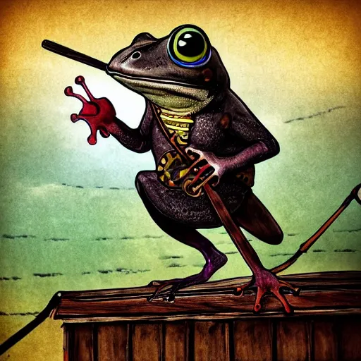 Prompt: a pirate frog standing on a ship, digital art