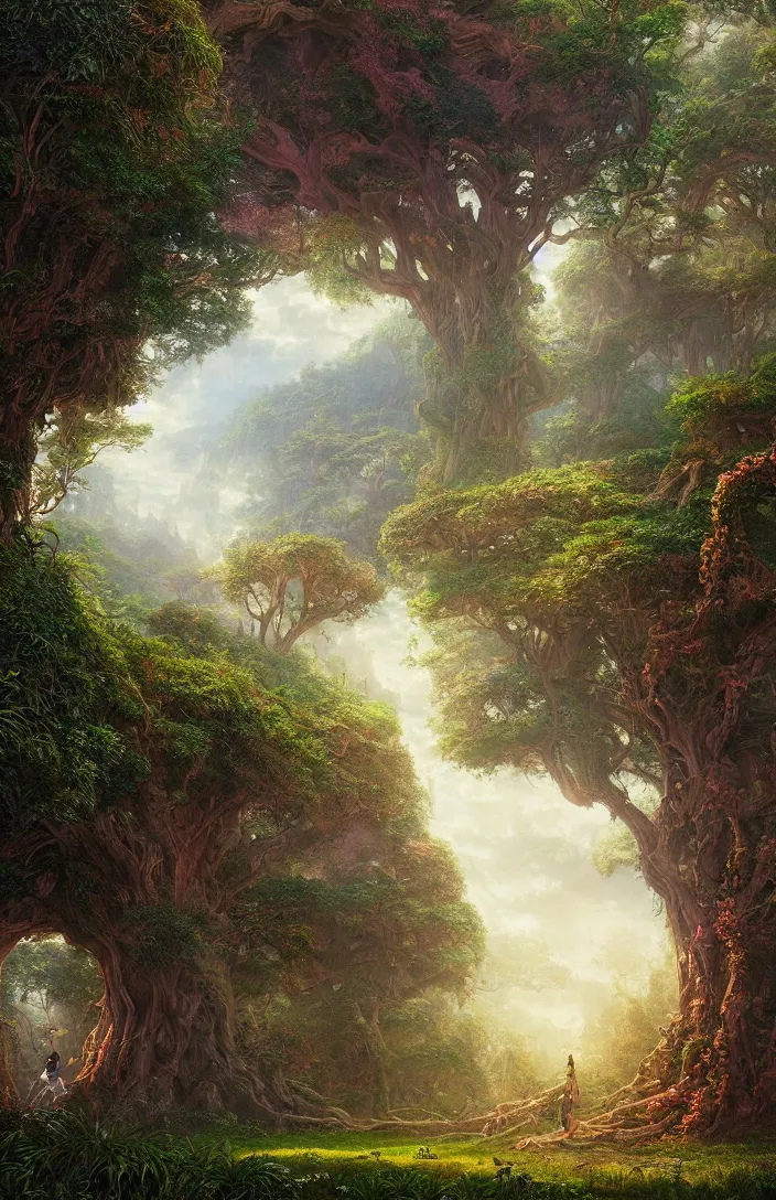 Image similar to beautiful hyper realistic detailed matte painting of fantasy tree of life in garden of eden, hdr, by Moebius and John Howe and Albert Bierstadt and Alena Aenami, ultra detailed, high resolution