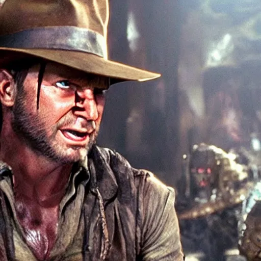 Image similar to a still of from the movie indiana jones and the temple of doom crossover with the game demon's souls