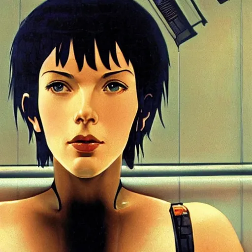 Image similar to still from ghost in the shell, highly detailed, Norman Rockwell, bokeh