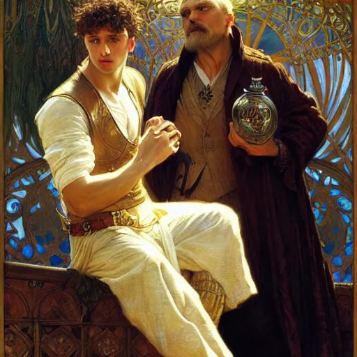 Image similar to manly arthur pendragon and manly merlin. focus on their faces. natural lighting. highly detailed painting by gaston bussiere, j. c. leyendecker, alphonse mucha, greg rutkowski, 8 k