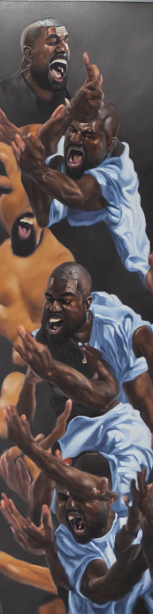 Image similar to fine oil painting of kanye west angrily yelling at you while he attacks a papparazzi on robertson boulevard