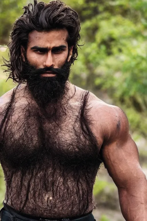 Image similar to beautiful gigachad with slick brown beard, wavy hair, huge glistening muscles, many scars, wearing golden armour. bollywood action movie still.