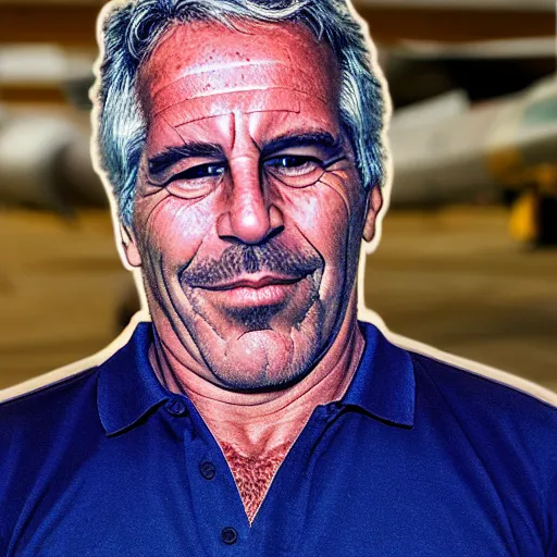 Prompt: happy jeffrey epstein, wearing a dark blue polo shirt, standing near fighter jet on an empty runway at dusk, high detail, volumetric lights, award winning photo