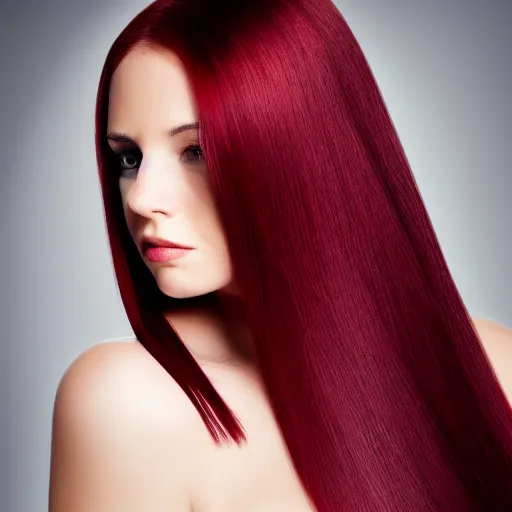 Image similar to Portrait of a young, stunningly beautiful woman with red straight hair on the right half of her head and white straight hair on the left half, award-winning photo, 4k, 8k, studio lighting, Nikon D6, 35mm