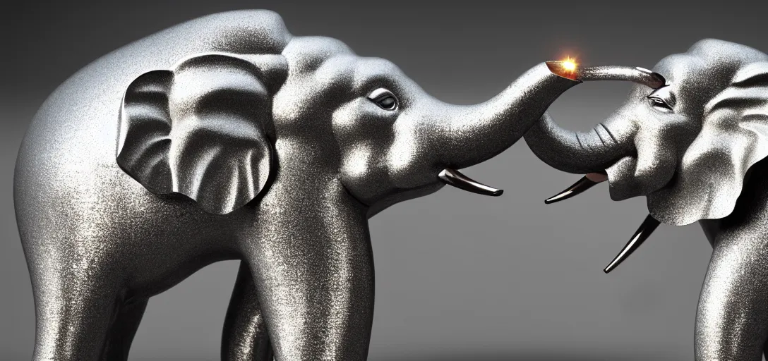 Image similar to a wide shot of silver handcrafted elephant, line of lights running inside the elephant, jewelry lighting, studio lighting, dark background, photorealistic, octane render, unreal engine