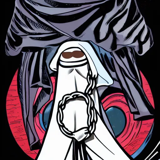 Prompt: white cloaked superhero with a white full ghost mask no mouth and huge black hole - eyes, and a noose knot rope around his neck hyperdetailed comic book illustration