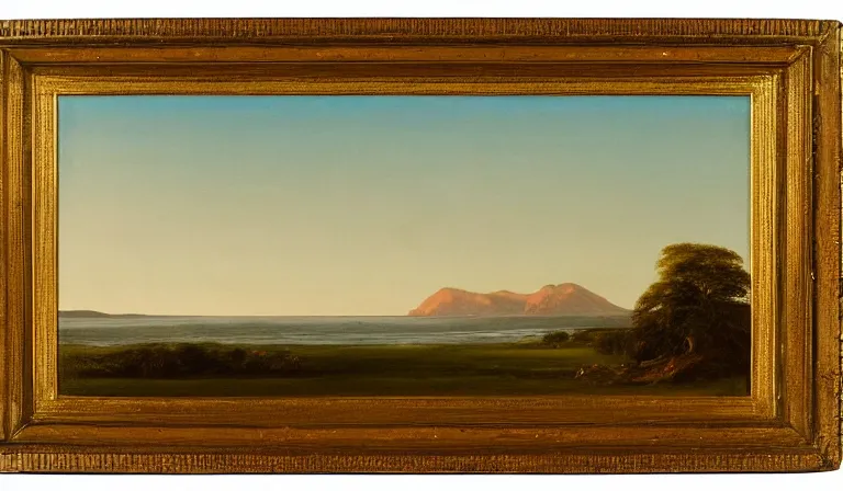 Prompt: A serene landscape with a singular building in the style of Frederic Edwin Church.