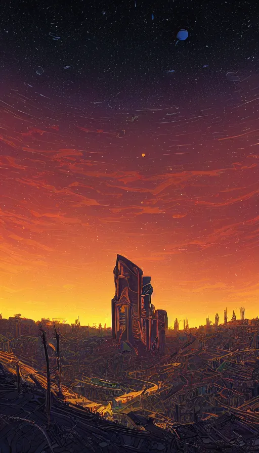 Prompt: The abandoned lands of the city under starlit sky at sunset, futurism, da vinci, Dan Mumford, Josan Gonzalez