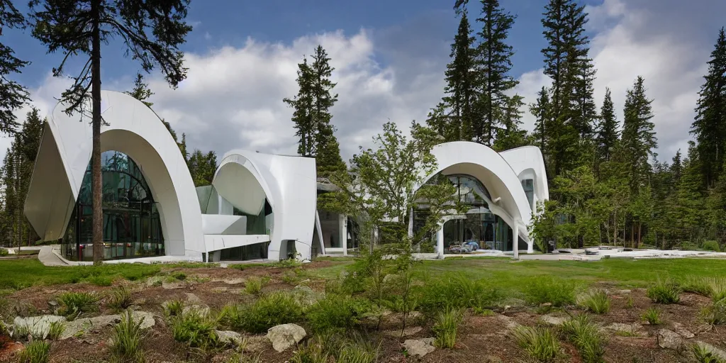 Image similar to large residence in the style of the pacific science center, white arches