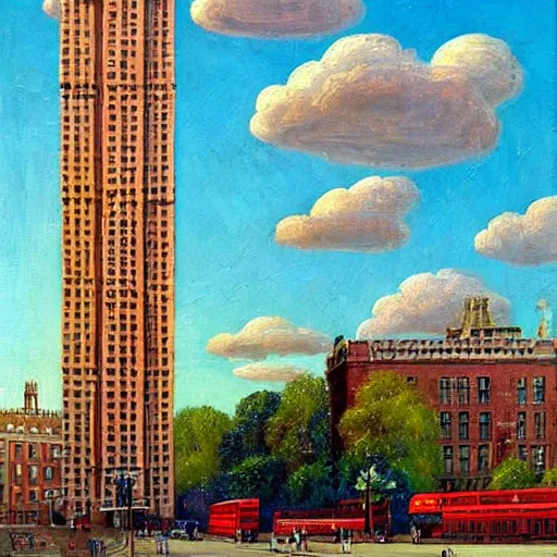 Prompt: brick skyscraper apartment building architectural marvel in london sky beautiful day extremely detailed colourful clouds double-decker buses london cab lush vegetation in the style of Edward hooper oil painting