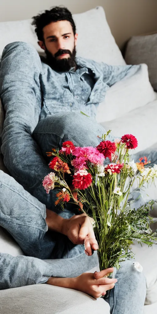 Image similar to a man sitting on the couch with a bunch of flowers in his hand